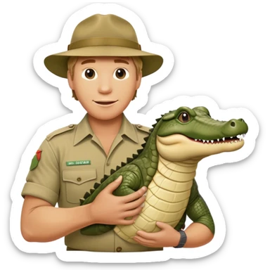 Cinematic Realistic Steve Irwin Portrait Emoji, in his signature khaki attire, holding a crocodile or giving an excited thumbs-up. The scene is lit with vibrant, natural sunlight, emphasizing his adventurous spirit and deep connection to nature. sticker