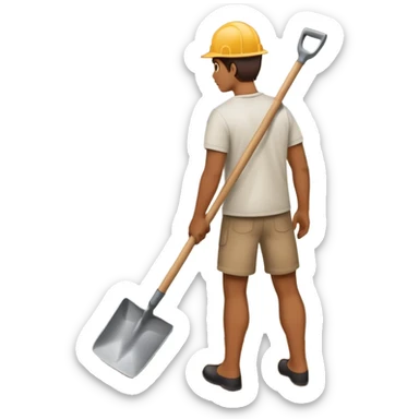 camera facing his back while he’s holding a shovel pointed towards his thigh in air, while staring out to a road  sticker