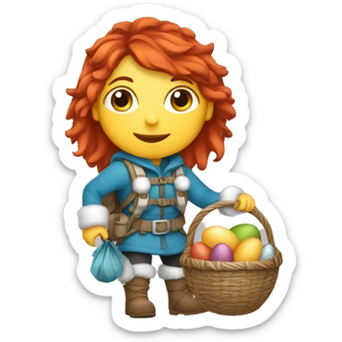 red hair female winter mountaineer climbing with Easter eggsbasket and Greek flag sticker