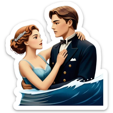 Icon for Titanic Movie: A vintage movie poster-style design featuring a dramatic scene of the ship, the iceberg, and a romantic silhouette of the main couple. Include elements like the ship’s bow, water splashes, and a starry sky in the background. Retro cinematic feel. Transparent background. sticker