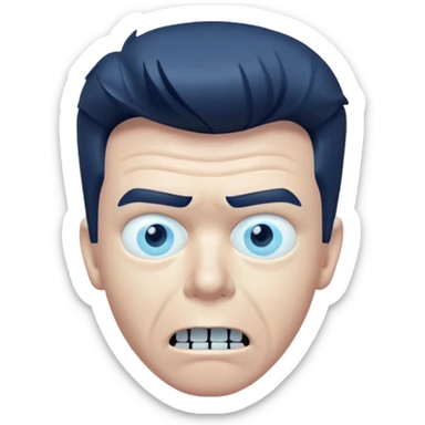 Rick Astley having a kind of worried face, but only his front teeth are sticking out, his eyes are blurred out, the background is pitch black, Rick Astley is kind of a dark blue color, and the entire picture, including Rick Astley, is a staticky, glitchy, horror, analog horror type sticker
