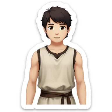 medieval summer outfit worn by a DnD themed fantasy male character. basic sleeveless cotton tunic with a rounded neckline and slightly frayed edges. clothes only above the waist. The clothes full waist. The character's haven't arms. character is white-skinned, black hair, brown eyes, short messy hair. sticker