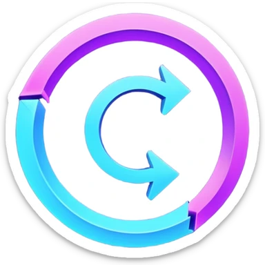 Futuristic retry arrow: an open curved neon arrow forming almost a circle but leaving a gap, clear restart motion. Glowing blue and violet Virtuosa colors, soft Ovi-like floating shape, playful high-tech style, luminous semi-matte texture. No text. Full background.
 sticker