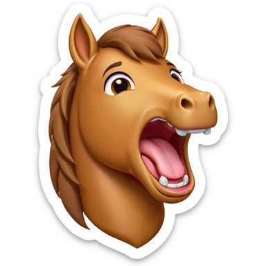 Cinematic Cute Yawning Bay Horse Portrait Emoji, Head tilted slightly with a dramatic, wide-open yawn, revealing a smooth bay fur with a subtle luster, floppy ears slightly drooping, round amber eyes barely open in drowsy contentment, Simplified yet irresistibly adorable features, highly detailed, glowing with a soft, cozy glow, high shine, relaxed yet expressive, stylized with a touch of equine whimsy, bright and endearing, soft glowing outline, capturing the essence of a sleepy yet affectionate horse, so drowsy it feels like it could stretch out of the screen and curl up for a nap! sticker