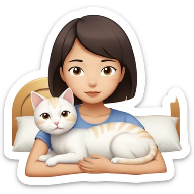 Short hair Asian girl wake up with white cat , sunshine  sticker