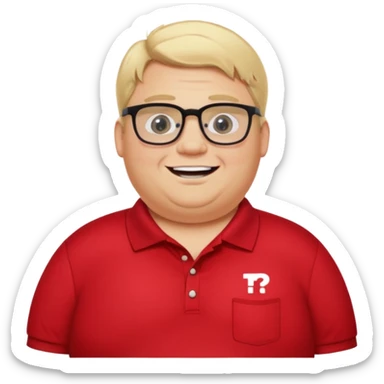 Fat blonde man missing front tooth and wearing glasses in red polo and black pants with a text bubble saying hi I’m Preston the alignment tech  sticker
