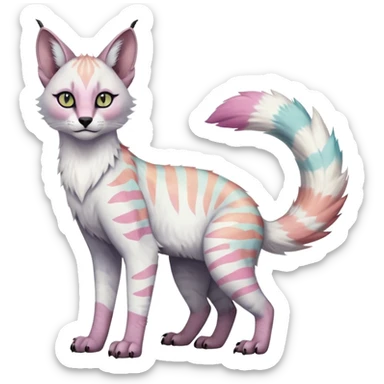 Colorful tropical feathery tribal pale light fruity pastel white glorious iridescent divine exotic cute albino neon vibrant spooky evil zigzagged cool beautiful fantasy-caracal-civet-genet-sergal-vernid-Gryphon-Cacomistle-Trico-oncilla-animal-Fakémon-hybrid-fursona (full body), facial markings,  sticker