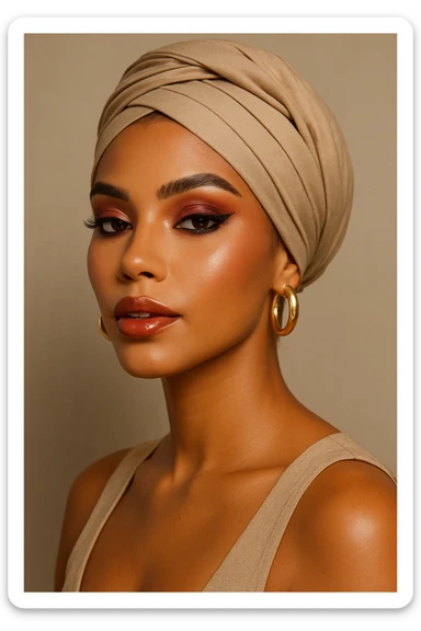 a tanned skin woman with a modern headscarf and glamorous makeup, stylish look sticker