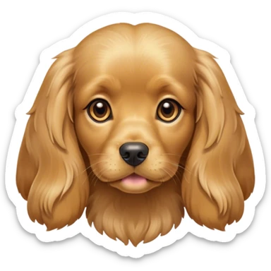 Cinematic Cute Gold Cocker Spaniel Portrait Emoji, Head tilted playfully and inquisitively, showcasing a silky, golden coat with a natural sheen, round, sparkling brown eyes filled with curiosity, Simplified yet irresistibly adorable features, highly detailed, glowing with a warm, friendly glow, high shine, affectionate and lively, stylized with a touch of whimsy, bright and endearing, soft glowing outline, capturing the essence of a mischievous yet loving pup, so playful it feels like it could bound out of the screen and into your arms! sticker