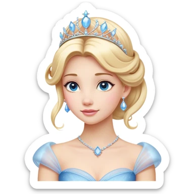 Cinematic Majestic Cinderella Portrait Emoji, rendered in a realistic, vector-style with clean, bold shapes. Depict Cinderella with a refined, noble expression, her fair skin luminous and her long blonde hair styled in an elegant updo, adorned with a delicate tiara. Her attire is a simple, sparkling ball gown that radiates soft pastel hues, glowing with a soft, majestic light and a subtle glowing outline, epitomizing classic royal beauty. sticker