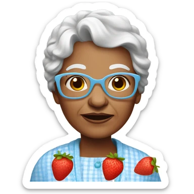 Granny with strawberries with white skin sticker