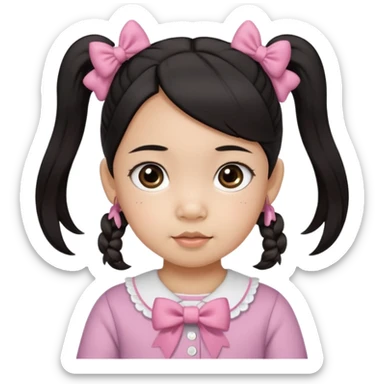 mixed toddler girl asian and american with bow pigtails, dark brown/black hair with big brown eyes emoji sticker