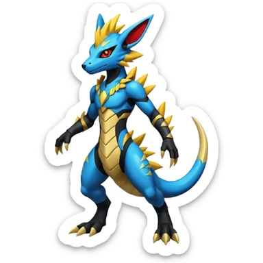 Modern anthropomorphic furry futuristic shiny colorful Zeraora-Salandit-Guilmon-Zekrom-fusion (full body) sticker
