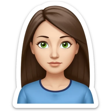 43 year old Adult woman avatar, light skin tone, long, oval face, long straight ashy brown hair, green almond-shaped eyes with dramatic eyelashes and minimal eyeliner, neutral mouth, medium straight eyebrows, small nose, smooth skin, sky blue blouse sticker