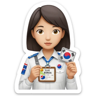 A young Asian guide holding her tour license in both hands, wearing a white shirt with the South Korea badge on her chest. sticker
