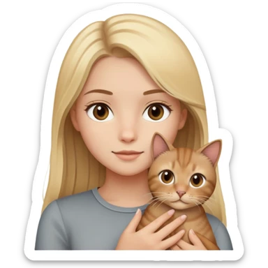 a blonde girl with medium length and straight hair with gray eyes and a brown cat in her arms sticker