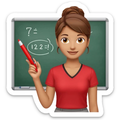 Happy instructor female brown hair whit board hair up red shirt sticker