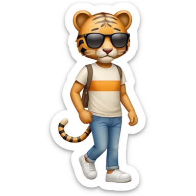 anthropomorphised tiger in a band t-shirt and jeans with sunglasses walking upright, relaxed pose sticker