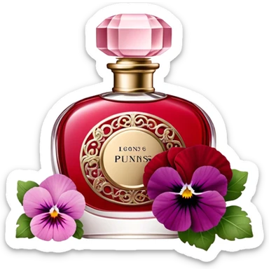 "An antique-inspired red perfume flacon with intricate details rests among blooming quartz pink pansies. The scene exudes timeless elegance with a touch of rustic beauty." sticker
