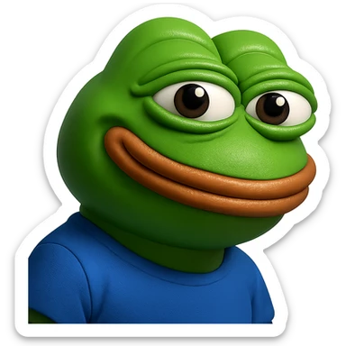 pepe in
- 3d style
- bright green
- blue shirt
- smiling
- looking straight at the camera
- good highlights and shadows
- 30deg angled towards the right sticker