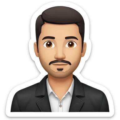 Attractive Hispanic TV host in his mid to late 40s with light brown skin, short straight black hair with pronounced fade haircut, stubble/scruff facial hair instead of full beard, square handsome face with strong jawline, friendly expression, wearing open black jacket with white buttoned shirt sticker