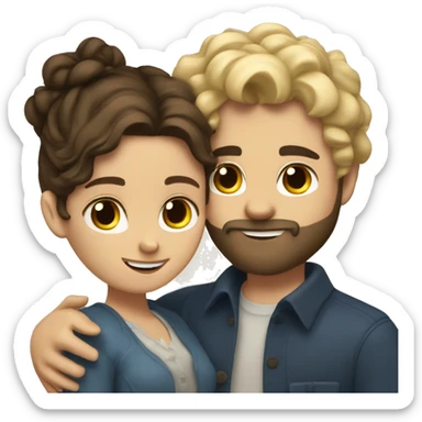 Brunette girl with wavy hair hugging blond boy whit a beard lovingly couple sticker