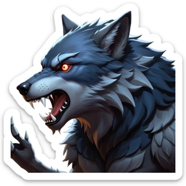 cinematic-noble-fierce-werewolf-howling-portrait-emoji, poised-and-imposing, with a fierce wolfish face tilted upwards in a haunting howl, glowing eyes full of primal ferocity, sharp, elongated fangs bared, and a rugged snout, fur rippling in shades of midnight black and silver, muscles tensed as the powerful howl echoes beneath the moonlit sky; rendered with realism, capturing the raw, untamed power of the beast in its wild, primal state sticker