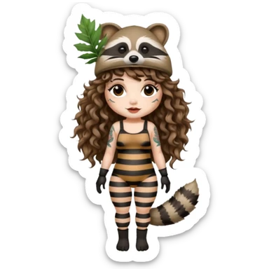full body woman long curly brown hair brown eyes white skin tattoos wearing raccoon hat and striped leaf bodysuit sticker