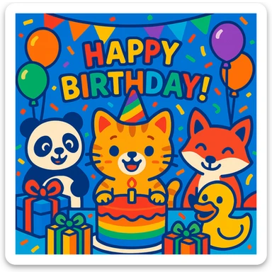 vibrant-toon style birthday party scene with a rainbow color theme including rainbow balloons, multicolored decorations, confetti, a large rainbow birthday cake, gifts, and a festive atmosphere. Main character is a ginger tabby kitten wearing a birthday hat, surrounded by a panda, fox, and duck also celebrating. Prominent 'Happy Birthday!' message included in the scene. sticker