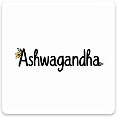 The word "Ashwagandha" hand-drawn in white text with a dark background and just a few colorful accents. Simple doodle style with minimal decoration. sticker