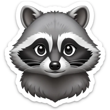 Cinematic-Noble-Raccoon-Portrait-Emoji – Poised and confident, with a sturdy build and a beautifully textured fur of silver-grey accented by dark black facial markings, deep-set, large big black eyes revealing no white, simplified yet sharp and sophisticated zoom out to show shoulders sticker