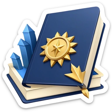 A navy blue productivity book with gold details, chart with upward trend aura, radiating productivity, strategy, and success in motion- sticker