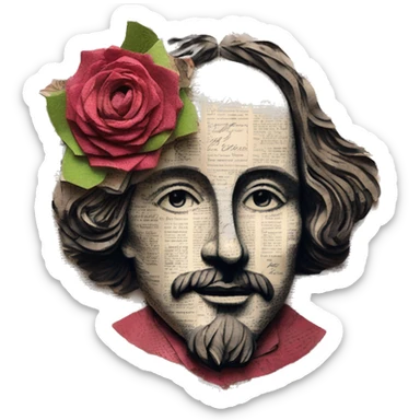Shakespeare made of newspaper cuttings wearing flowers, stained glass, fairy lights, bokeh, annotated sketch, handwritten letters, collage of intricate patterns, roses flowers sticker