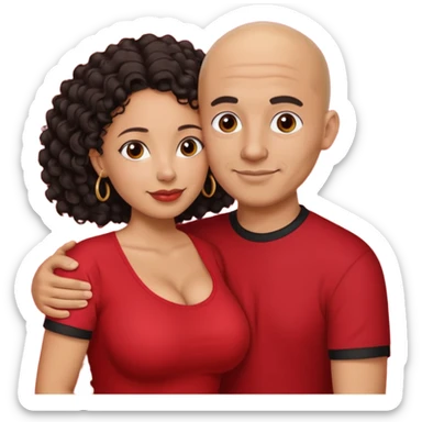 A picture of a tanned couple embracing. the guy is Mexican, with a bald hair cut and he is wearing a red shirt. the girl is mixed, the girl is wearing a black shirt, the girl has curly longer dark brown hair and with big boobs  sticker