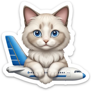 Cute ragdoll cat on an airplane. Should sit on top of the plane, cat is way bigger than airplane. Can you make the plane cooler like airbus a380 and the cat a bit happier? I liked the first and last pic out of these. Cat should be ragdoll with white and grey just like these sticker