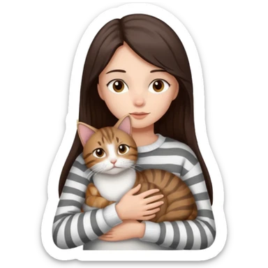 a girl with long dark brown hair, in a
white sweater and brown eyes, hugs a tabby
grey and white strips one cat. sticker