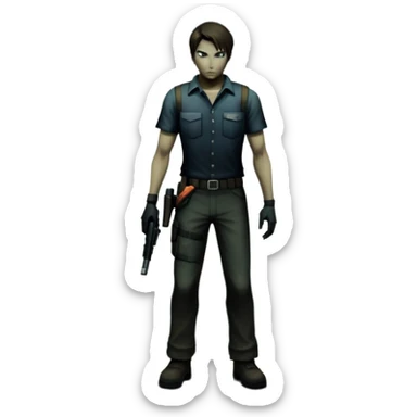 An icon featuring a dark, eerie atmosphere with a spooky environment, inspired by horror games like Resident Evil. The design includes ominous lighting, creepy shadows, and a silhouette of a character in distress. Transparent background enhances the chilling vibe of the scene. sticker