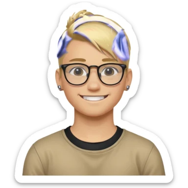 blond hair teen boy pony tail undercut with tattoo on his neck, wearing glasses, strong built, smile warmly  sticker
