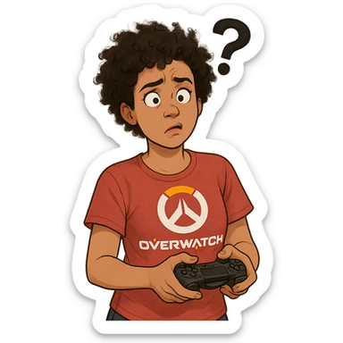 a playful Overwatch fan who rarely plays, holding a controller but looking confused sticker