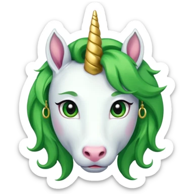 unicorn with green hair and earrings looking into camera sticker