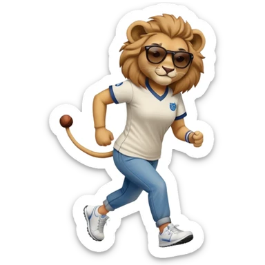 friendly anthropomorphised female lion wearing a baseball shirt, jeans, trainers, dark sunglasses, jogging upright, looking dominant and confident sticker