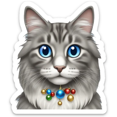 Grey Norwegian forest cat with blue eyes with  jingle bells on his collar sticker