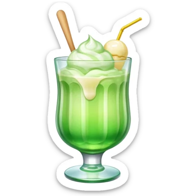 Create an emoji with a clear rounded glass, bright transparent green soda, vanilla ice cream scoop
 sticker