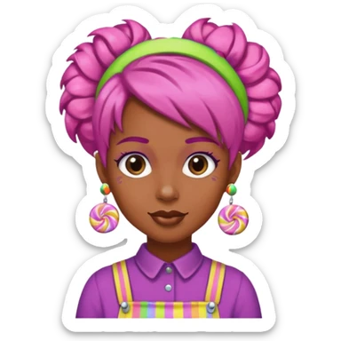 candy shop vendor, looking like candy with candy earrings and candy hair sticker