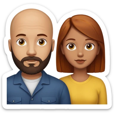 Couple. A bald man with dark brown beard and a girl with light skin. She has dark yellow brown auburn hair. Different skincolor. sticker