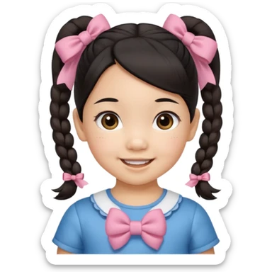 mixed toddler girl asian and american with bow pigtails, dark brown/black hair with big brown eyes emoji sticker