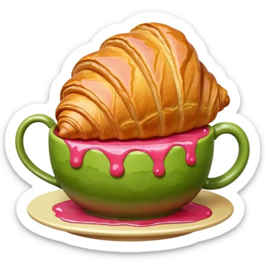 A giant croissant with a closed matcha mug with a strawberry syrup base sticker
