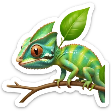 cinematic cute-smiling baby chameleon-realistic emoji,-blending-with-vibrant-greenery.-detailed-scales-in-shifting-colors,-showing-the-chameleon’s-ability-to-camouflage.-soft-natural-light-highlights-its-texture.-light-background, zoomed into its face sticker