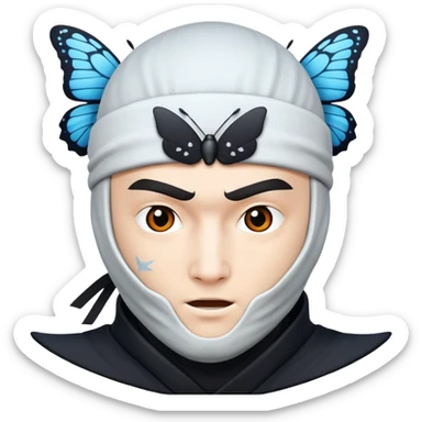 Crea una imagen con estos dos emoji 🥷🏻🦋
él ninja blanco con la mariposa posada en cabeza como si estuviera volando.

 sticker