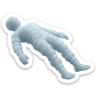 side view of unconscious person flying torso up, legs and arms down, made of small very bright white fluffy convex clouds, matte glass style sticker